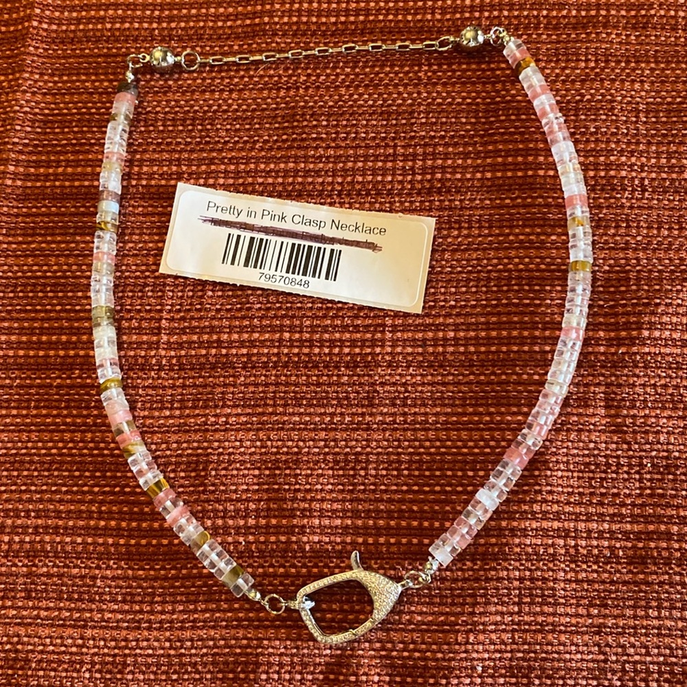 Beaded necklace with embellished carabiner. 16 inch with 3 in magnetic extender